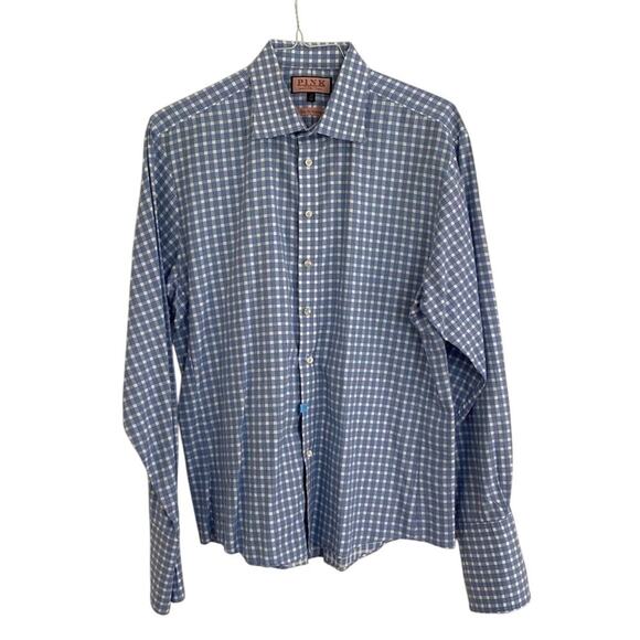 Thomas Pink Slim Fit Prestige Blue White Check Button Down Shirt French Cuff - Picture 1 of 6